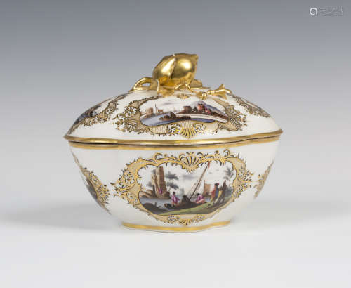 A Meissen porcelain lobed oval bowl and cover, late 18th/19th century, both pieces painted with four