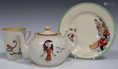 Three pieces of Wilkinson Joan Shorter Kiddies Ware, 1930s, comprising a small plate, decorated with