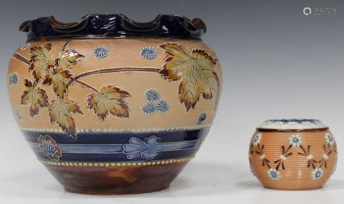 A Royal Doulton Slaters Patent stoneware jardinière, the bulbous body decorated with autumn leaves