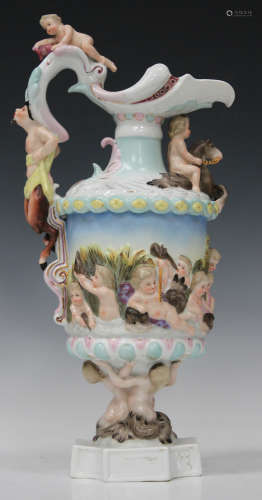 A 'Capodimonte' porcelain jug emblematic of water, circa 1900, the cylindrical body relief moulded