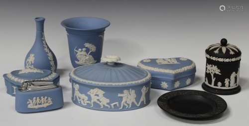 A small group of Wedgwood jasperwares, late 20th century, comprising a pale blue oval box and cover,