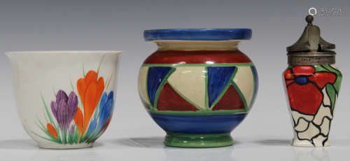 A Clarice Cliff Original Bizarre pot, circa 1928, the globular body with a design of red and blue