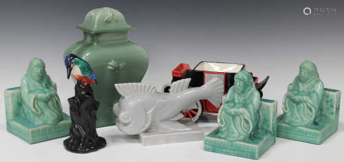 A small group of Art Deco ceramics, including an A.J. Wilkinson kingfisher flower block, designed by