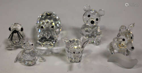 Six small Swarovski Crystal animals, comprising elephant, seal, hippo, bear, penguin and fox (tail