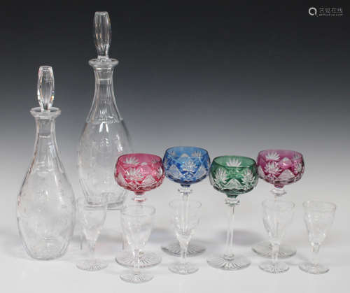 A set of four Val St. Lambert cut flashed hock glasses in green, blue, cranberry and amethyst,