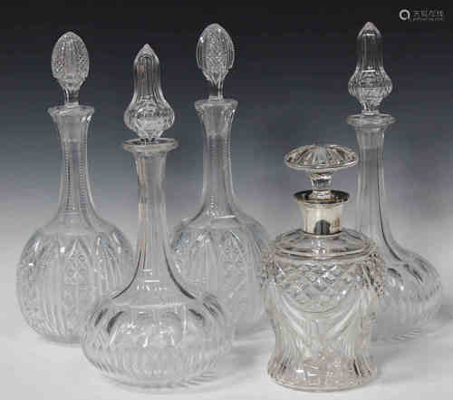 A silver mounted cut glass decanter and stopper, London 1938, height 21.5cm, together with two pairs