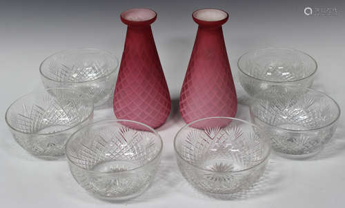 A pair of Stourbridge pink satin quilted diamond air trap vases, late 19th century, of tapered