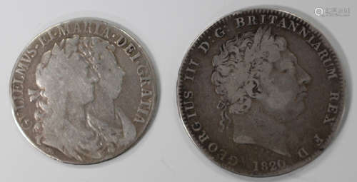 A William and Mary half-crown 1689 and a George III crown 1820, the edge detailed 'LX'.Buyer’s