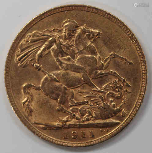 A George V sovereign 1911.Buyer’s Premium 29.4% (including VAT @ 20%) of the hammer price. Lots