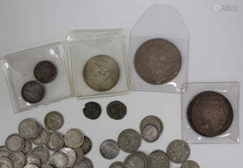 A small group of British, world and ancient coins, including a Victoria crown 1891, a USA one dollar