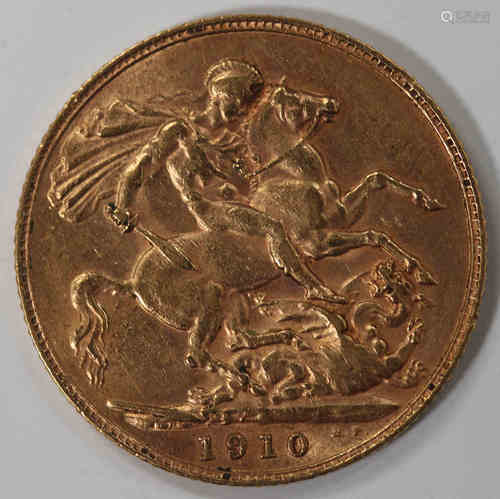 An Edward VII sovereign 1910.Buyer’s Premium 29.4% (including VAT @ 20%) of the hammer price. Lots