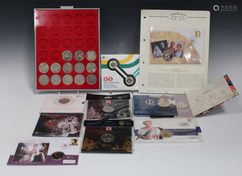 A collection of various modern commemorative coins, including a London 2012 five pounds, an HRH