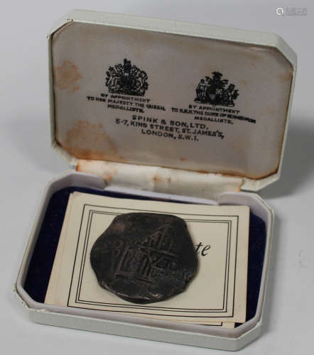 A 17th century Lucayan Beach Pirate Treasure piece of eight/eight reales, cased with Spink & Son