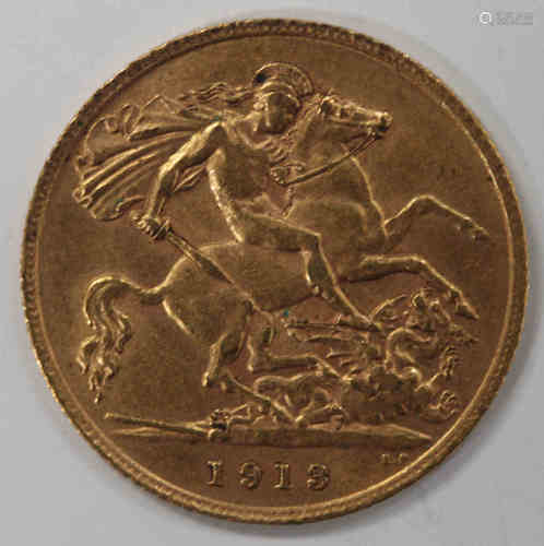 A George V half-sovereign 1913.Buyer’s Premium 29.4% (including VAT @ 20%) of the hammer price. Lots