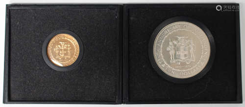 A Jamaica gold twenty dollars proof commemorative coin 1972 and a Jamaica sterling silver ten