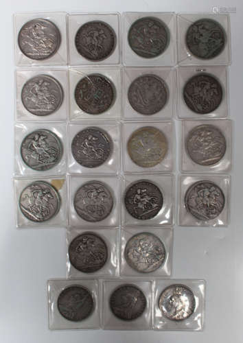 A group of eighteen George III, George IV and Victoria crowns, together with three Victoria double-