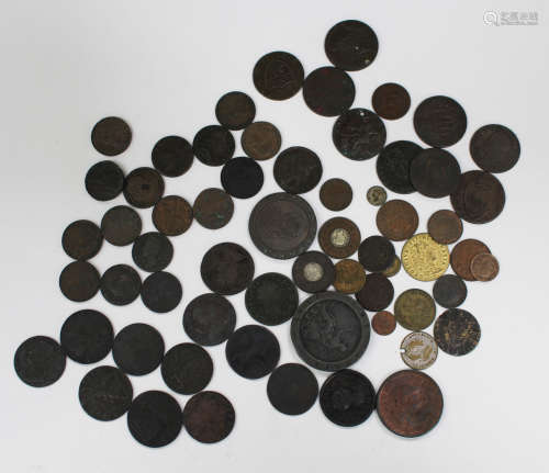 A group of 17th, 18th and 19th century coins and tokens, including a George II Hibernia halfpenny