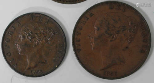 A group of Victoria copper coins, including a penny 1859 and a halfpenny 1858.Buyer’s Premium 29.