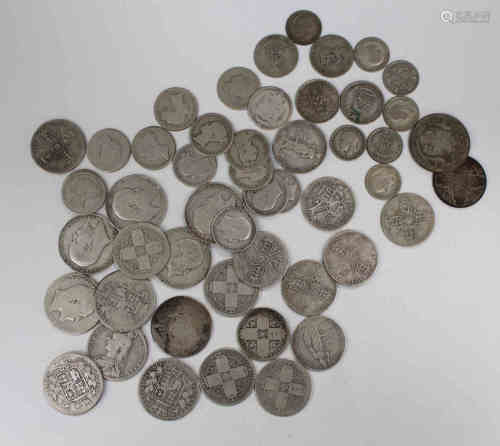 A group of British pre-1920 silver coins, comprising ten half-crowns, twelve florins and fourteen