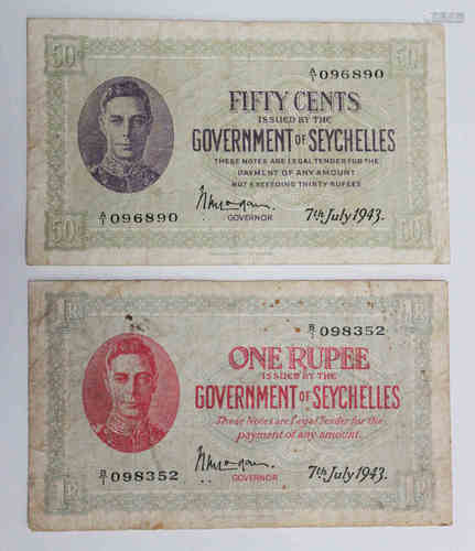 Two Seychelles banknotes, comprising fifty cents and one rupee, both issued by the Government of