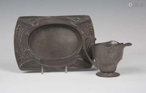 A Liberty & Co 'Tudric' pewter shaped rectangular butter dish, designed by Archibald Knox, model