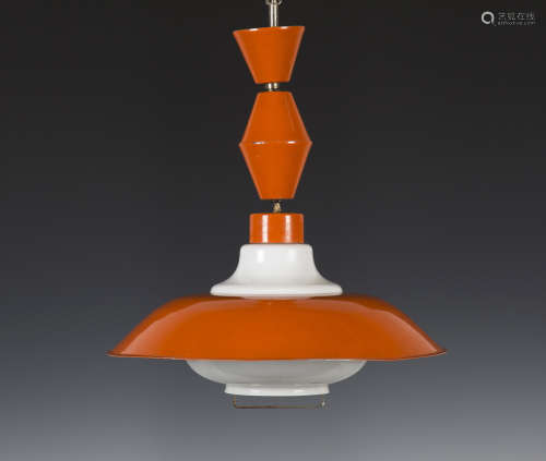 A mid-20th century Czechoslovakian orange and white enamelled tin rise-and-fall pendant ceiling