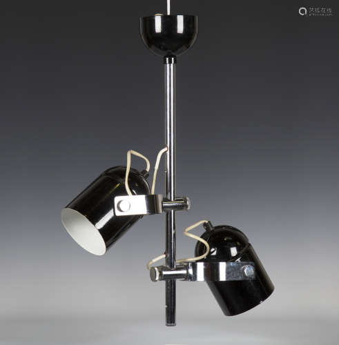 A mid-20th century twin-branch adjustable ceiling light, the chromium plated stem fitted with two