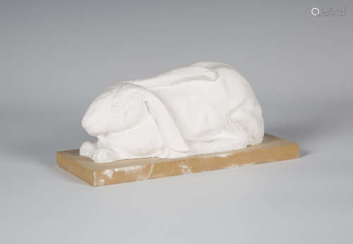 Eduardo Paolozzi - a cast plaster model of a recumbent hare, mounted on an MDF base, the underside