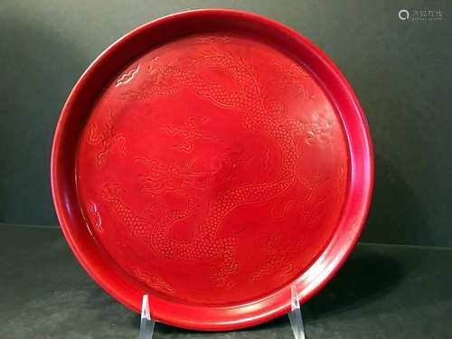 OLD Chinese Large RED Glazed Dragon Plate, Chenghua