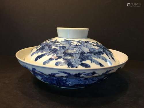 ANTIQUE Chinese Blue and White Covered Bowl, Guangxu