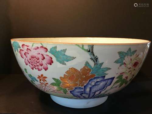 ANTIQUE Large famille rose flower punch bowl, 18th