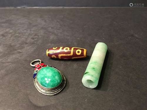 OLD Chinese Green Jade Pendants and DZI Bead.