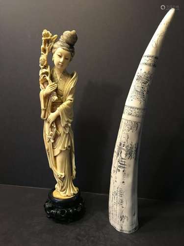 Chinese Guanyin Figure and a decorative SCRIMSHAW