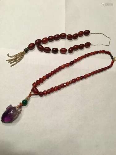 OLD Chinese Blood Amber neckalces, one with toumaline