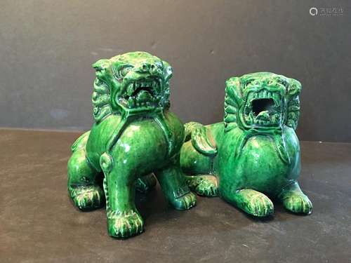 OLD Pair Chinese Green Porcelain foo dog lions, Qing