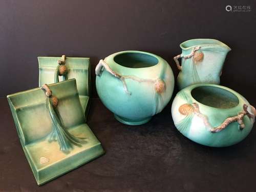 OLD Roseville Pine Cone jars, vase and book ends