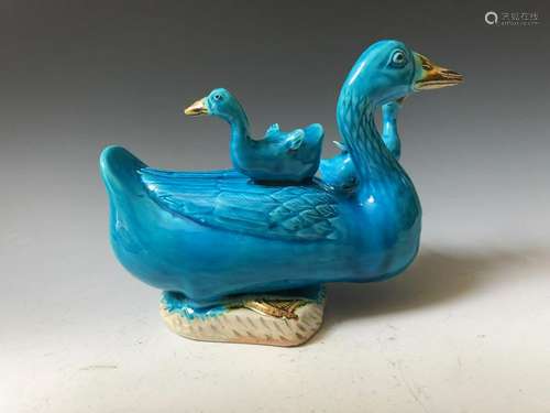 THREE CHINESE ANTIQUE BLUE GLAZE DUCK FIGURES