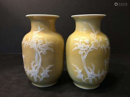 OLD Pair of Chinese Yellow based Flower vases, ca