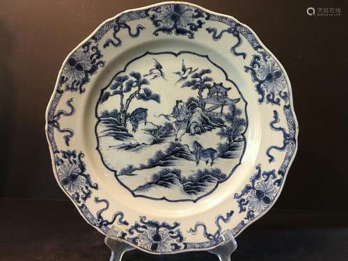 old Large Chinese Blue and White Charger Plate, 18th