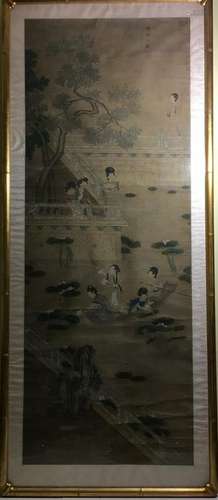 OLD Large Chinese watercolor painting with figurines.