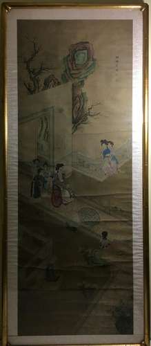 OLD Large Chinese watercolor painting with figurines.