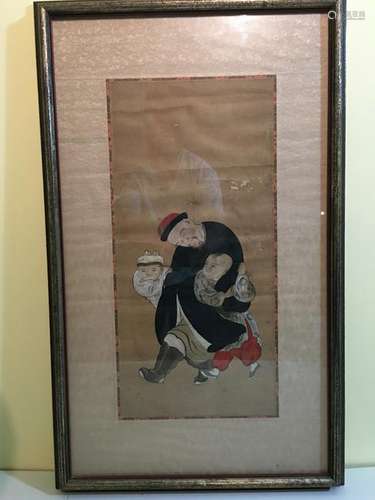 OLD Chinese watercolor painting with Man and boys, 19th