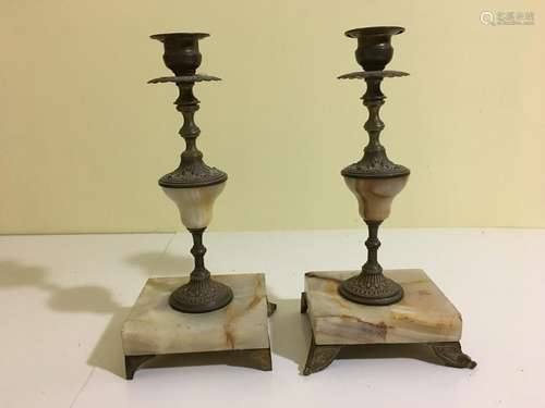 OLD pair Bronze and stone lamp stands