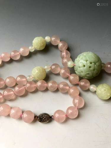 OLD JADE AND ROSE QUARTZ  NECKLACE