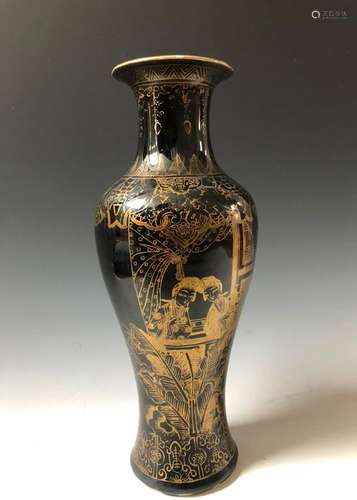 A CHINESE ANTIQUE BLACK GLAZED GOLD VASE. 19C