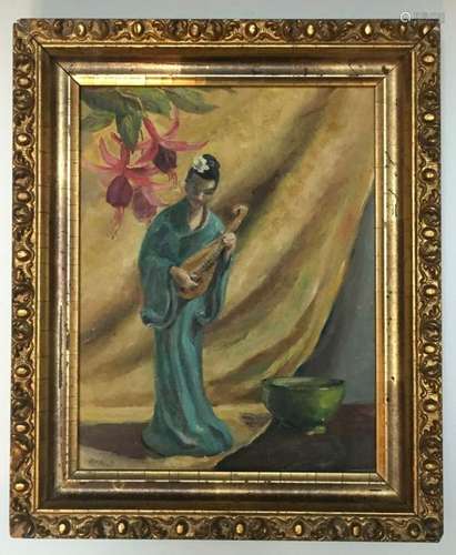 CHINESE WOMAN WITH INSTRUMENT, OIL ON CANVASBOARD,