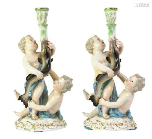 (lot of 2) Meissen porcelain figural candlesticks
