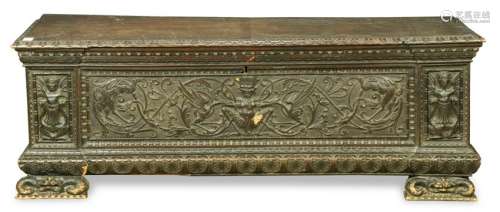 Massive Baroque style ebonized oak blanket chest