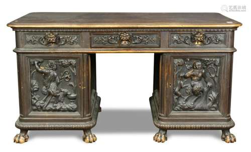Massive Baroque style ebonized oak pedestal desk