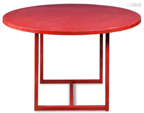 Modern red lacquer breakfast table, having a circular